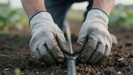 Hands in work gloves secure an irrigation hose on the soil.
