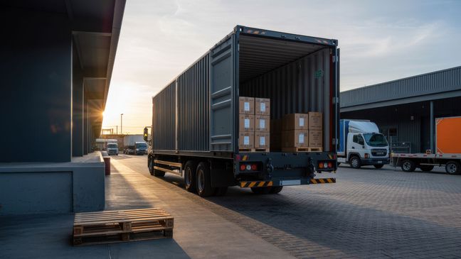 Geöffneter Lkw mit Kartons auf dem Gelände eines Logistikzentrums.