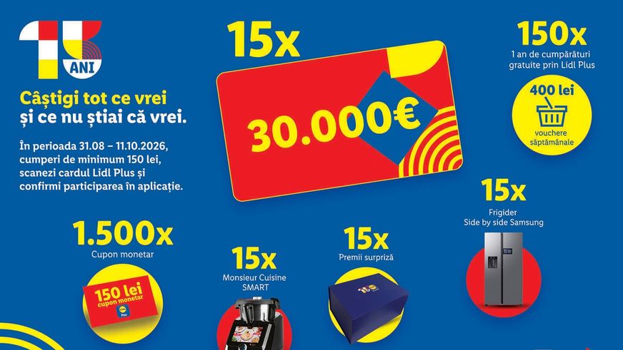 Concurs în premieră cu ocazia aniversării de 15 ani Lidl România: Premii de până la 30.000 euro pentru clienți
