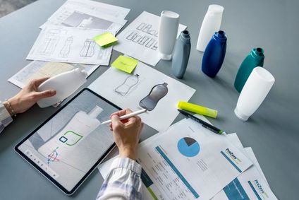 Hände skizzieren und vergleichen Flaschendesigns mit einem Tablet und 3D-Prototypen auf einem kreativen Arbeitstisch.