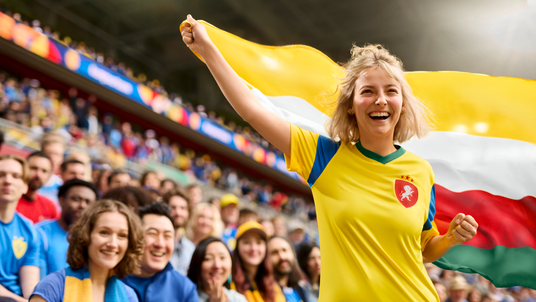 Eine jubelnde junge Frau im gelben Trikot schwenkt begeistert eine große Fahne in einem vollbesetzten Fußballstadion.