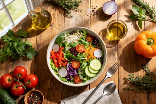 Flat lay of salad bowl with fresh ingredients arranged on rustic wooden table in natural light
