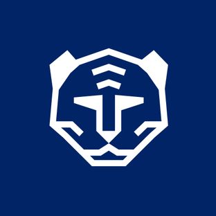 Ein frontal dargestellter Tigerkopf aus dicken, geometrischen weißen Linien auf einem dunkelblauen Hintergrund.