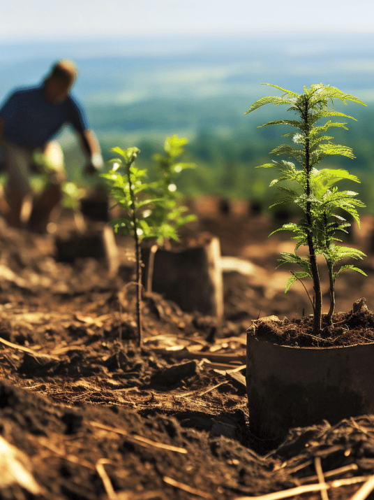 Pflanzung junger Baumsetzlinge während einer Aufforstungsaktion in einer hügeligen Landschaft.