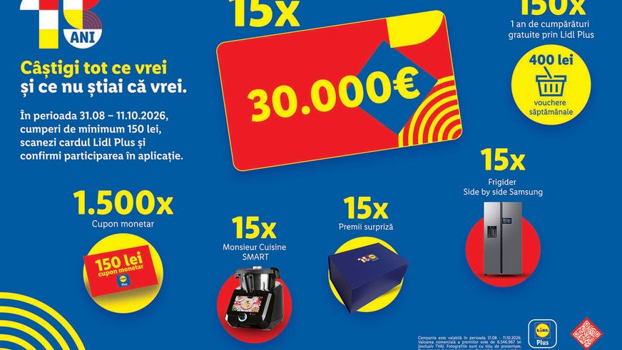 Concurs în premieră cu ocazia aniversării de 15 ani Lidl România: Premii de până la 30.000 euro pentru clienți