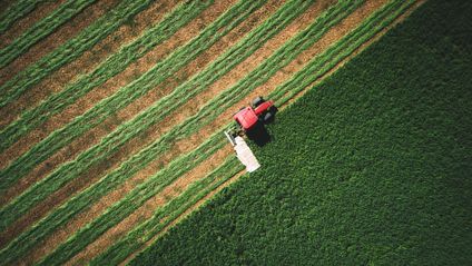 Aerial view of a red tractor mowing a green field with parallel rows of cut vegetation.