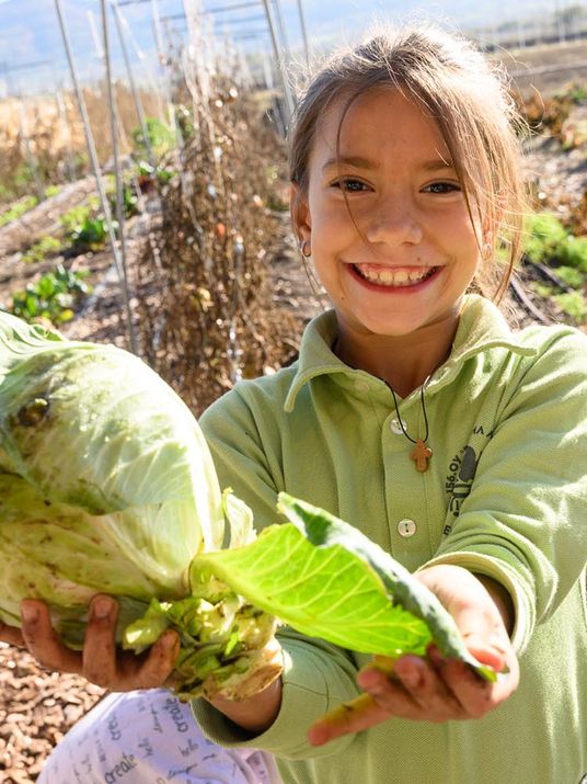 Ein strahlendes Kind steht auf einem Acker und hält stolz einen frisch geernteten Kohlkopf in die Kamera.