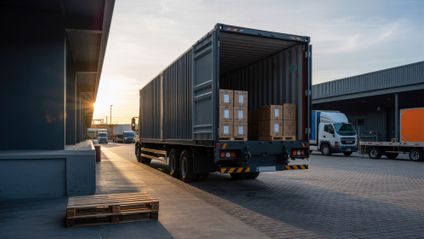 Geöffneter Lkw mit Kartons auf dem Gelände eines Logistikzentrums.
