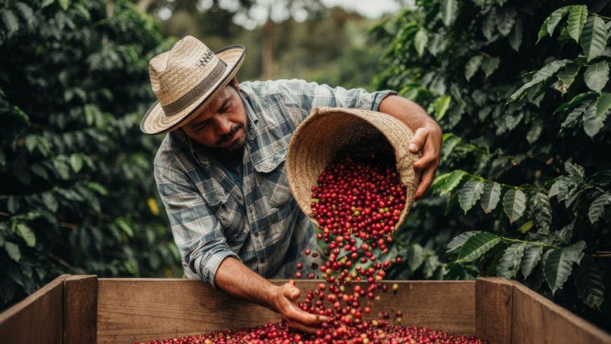 Ein Mann schüttet rote Kaffeekirschen aus einem geflochtenen Korb in eine Holzkiste.