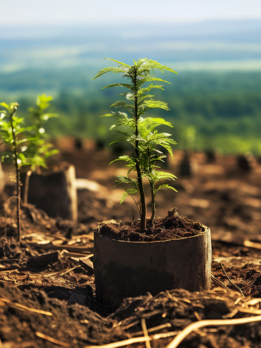 Planting young tree seedlings during a reforestation project in a hilly landscape.