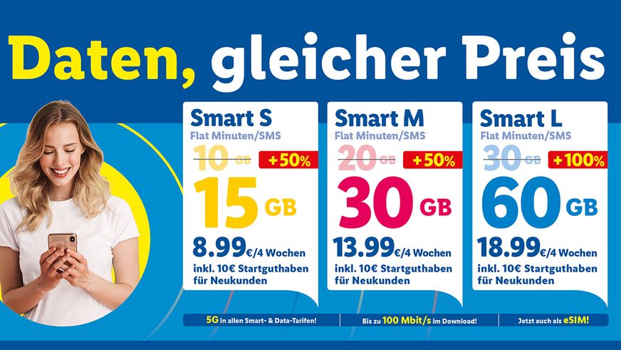 Lidl Connect: Bis zu 100 Prozent mehr Datenvolumen in allen Smart-Tarifen zum gewohnt günstigen Lidl-Preis  | Foto: Lidl
