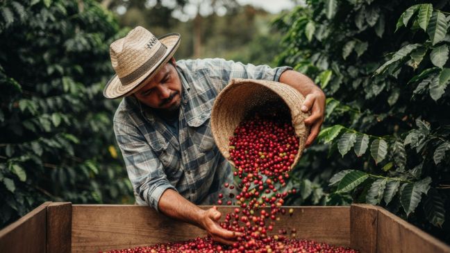 Ein Mann schüttet rote Kaffeekirschen aus einem geflochtenen Korb in eine Holzkiste.