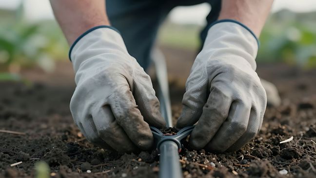Hände in Arbeitshandschuhen befestigen einen Bewässerungsschlauch auf dem Erdboden.