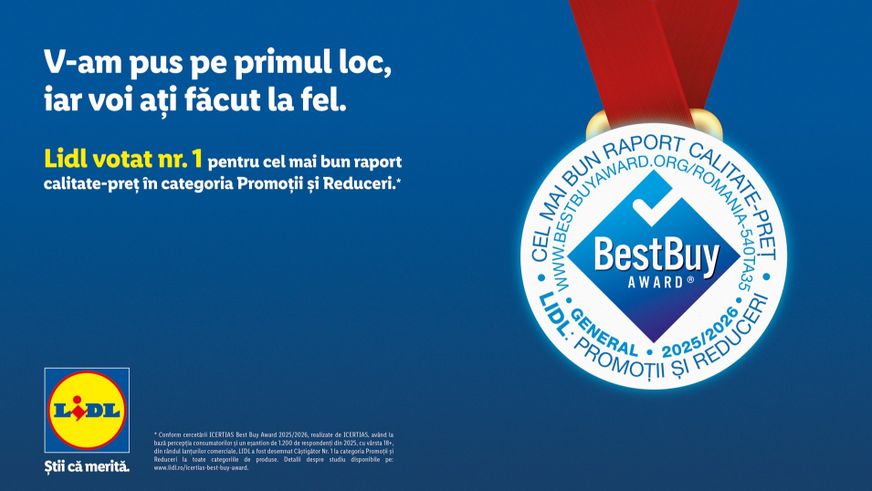 Lidl, votat de clienți numărul 1 în România pentru cel mai bun raport calitate–preț la categoria Promoții și Reduceri, în cadrul studiului ICERTIAS Best Buy Award 2025/2026