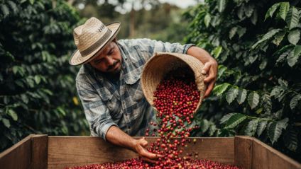 Ein Mann schüttet rote Kaffeekirschen aus einem geflochtenen Korb in eine Holzkiste.