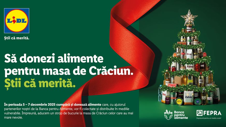 Lidl România organizează cea de-a treisprezecea colectă de alimente, în parteneriat cu Federația Băncilor pentru Alimente, și îi invită pe clienți să ofere sprijin comunităților vulnerabile în perioada sărbătorilor