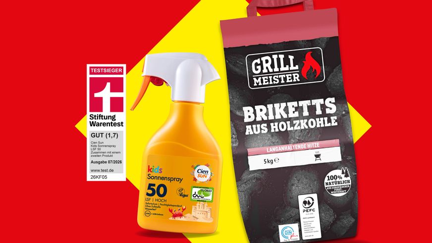 Lidl reduziert die Preise für insgesamt 16 Produkte, darunter das Testsieger-Sonnenspray für Kinder und Grillkohlebriketts.